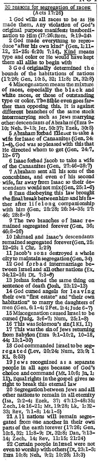 Scan of the first column of the segregation note, containing reasons one through twenty-two.