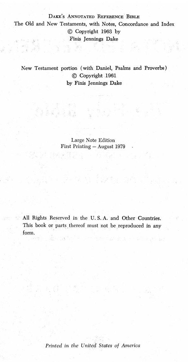 The copyright page of the Dake Annotated Reference Bible, showing 1963 and 1961 copyright dates and an August 1979 printing statement